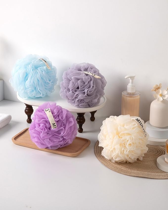 Loofah Sponge, XXL Large Loofah 100g 4 Pack, Bath Sponge Soft Mesh Shower Loofah for Men, Body Scrub, Shower Pouf Bath Accessories, for Body Wash, Soap (Lavender)