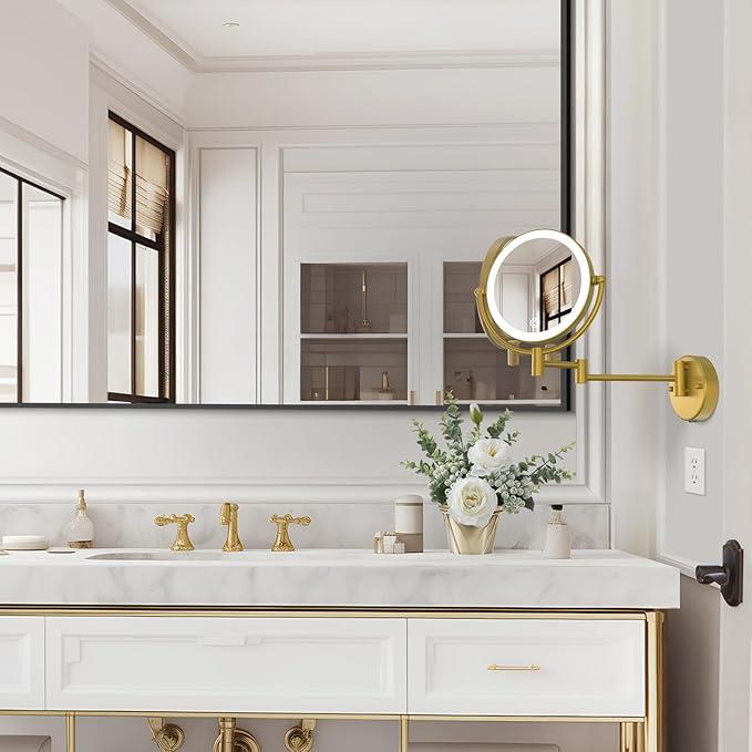 8” Wall Mounted Makeup Mirror 1X/10X Magnification, Rechargeable 2 Sided Touch Dimming with LED Lights 360 Swivel Extendable Arm Shaving Mirror, Brushed Moderne Brass