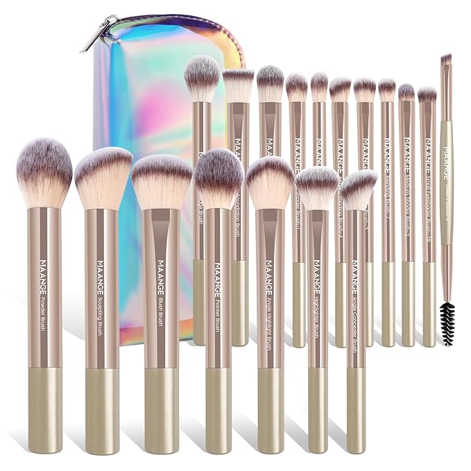 MAANGE 18 Pcs Makeup Brushes with Laser Bag, Premium Synthetic Makeup Brush Set Professional Makeup Tools Eyeshadow Eyebrow Foundation Blush Concealer Face Powder Blending Brushes Kit-Champange Gold