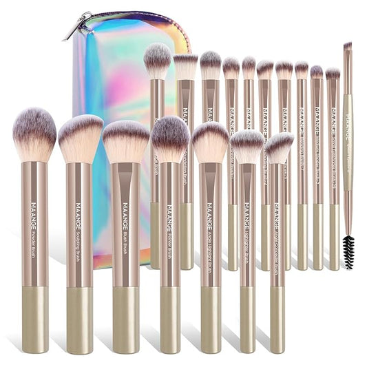 MAANGE 18 Pcs Makeup Brushes with Laser Bag, Premium Synthetic Makeup Brush Set Professional Makeup Tools Eyeshadow Eyebrow Foundation Blush Concealer Face Powder Blending Brushes Kit-Champange Gold