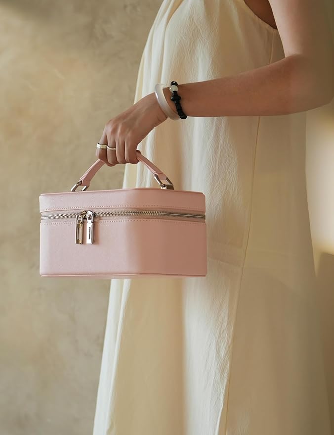 Popvibe Makeup Case with Mirror Lighted Up Travel Vanity Make Up Bag Set with Brush Storage, Pink Leather Cosmetic Bag Compact Traveling Small Train Case Luxury Travel Essentials Portable Makeup Box