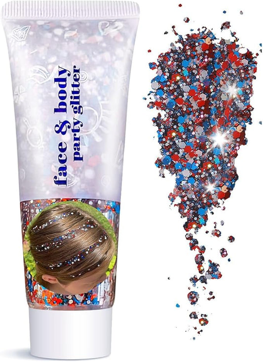 Body Face Glitter Makeup for Kids Women, Sparkly Chunky Hair Glitter, Mermaid Birthday Decorations Rave Outfits for Women (Fourth of July Body Glitter)