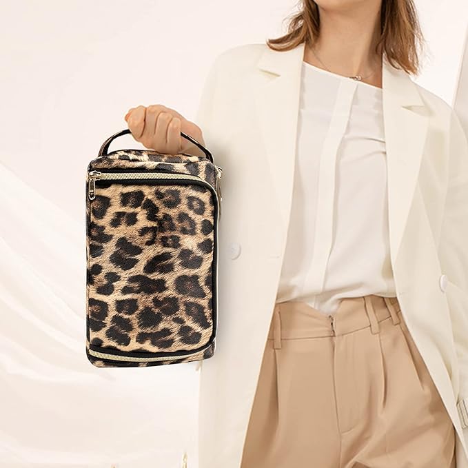Travel Makeup Bag, Leopard Print Cosmetic Bag, Portable Make Up Organizer Bag with Side Handle, Roomy Makeup Pouch for Purse