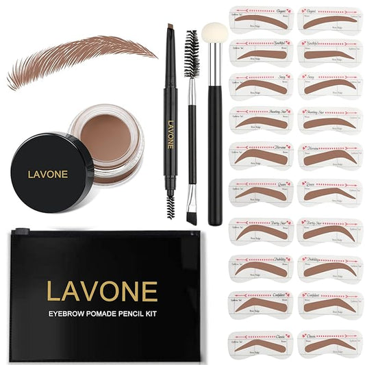 LAVONE Eyebrow Stamp Stencil Kit for Eyebrows, Brow Stamp Trio Kit with Waterproof Eyebrow Pencil, Eyebrow Pomade, 20 Eyebrow Stencils, Dual-ended Eyebrow Brush and Sponge Applicator - Ash Brown