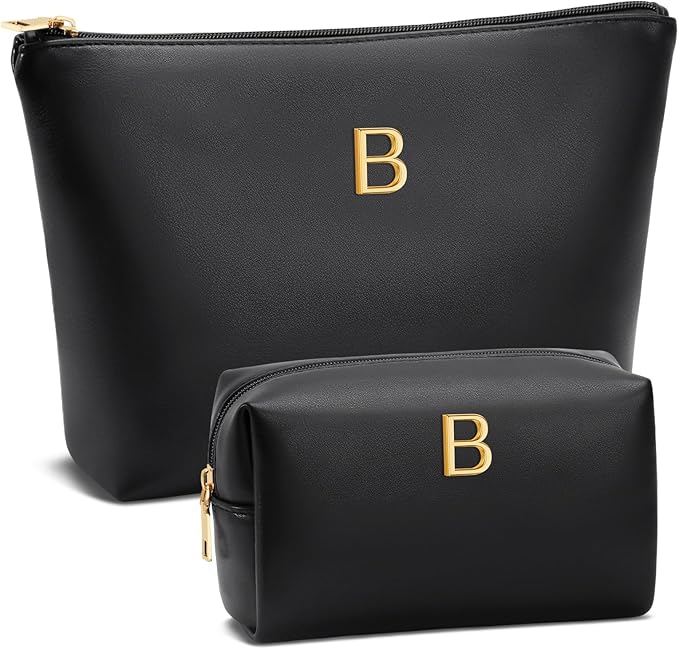 Women Gifts | Initial Makeup Bag Set for Girl Personalized Gifts for Bridesmaid Friend Graduation Teachers PU Leather Cosmetic Travel Toiletry Bag(Black,B)