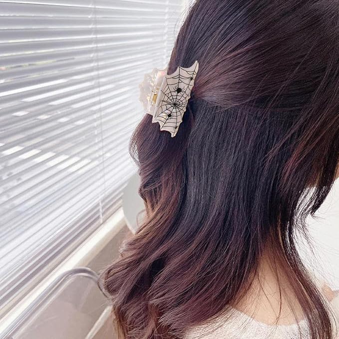 2 Pcs Halloween Hair Claw Clips for Women Girls, White Skull Spider Web Claw Clips, Cute Hair Clips with Glitter Sequin Design, Halloween Hair Accessories for for Thick and Thin Hair
