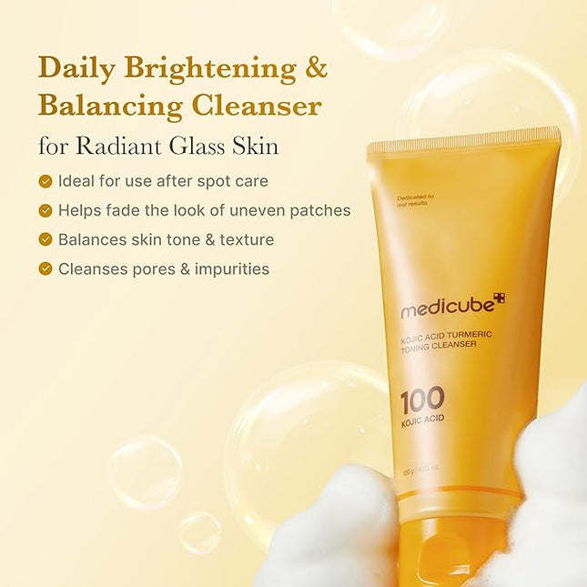 medicube Facial Cleanser Kojic Acid Turmeric Whip Cleanser | Cleansing Foam for Brightening, Balancing | Fade Appearance of Uneven Patches & Ideal for Use After Spot Care | Korean Skincare, 4.23 oz