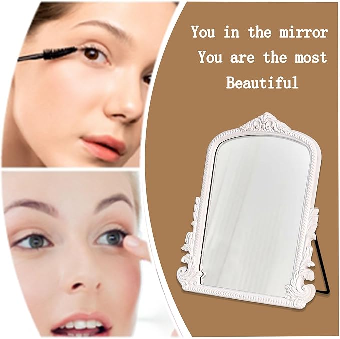 11.8" x 9.6" Small White Arched Vanity Mirror, Vintage Makeup Mirror Baroque Style Arendahl Carved Mirror with Frame for Desk Decorative Table Aesthetic for Dresser,Bedroom,Living-Room