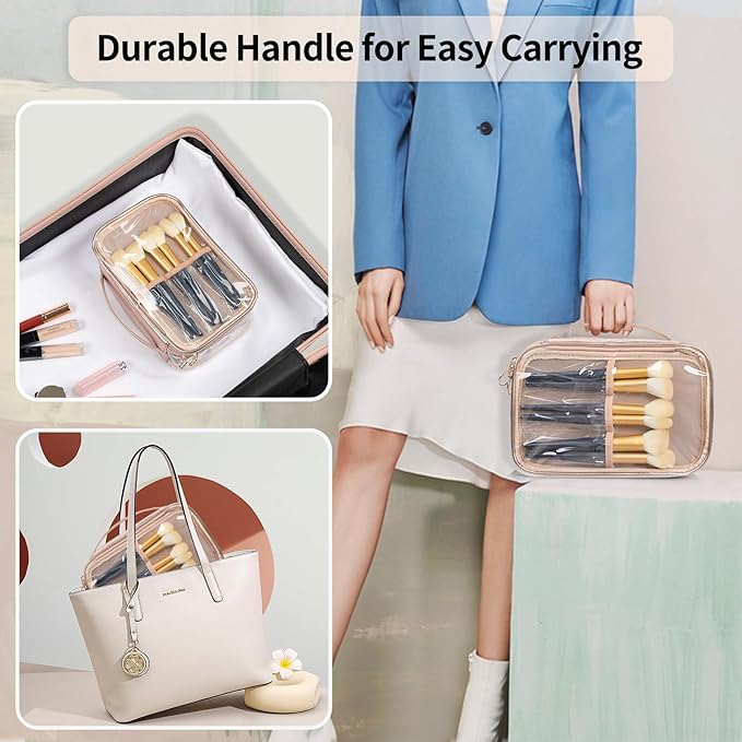 OCHEAL Clear Makeup Bag, Portable Makeup Organizer Cosmetic Bag, Large Travel Makeup Bag Cute Clear Pouch For Women and Girls Cosmetics Bags with Divider Makeup Brush Compartment-Rose Gold