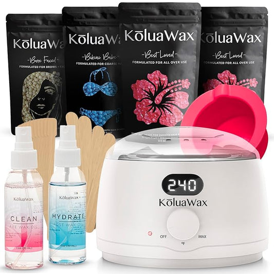 KoluaWax Premium Waxing Kit for Women - Hot Melt Hard Wax Warmer for Hair Removal, Eyebrow, Bikini, Legs, Face, Brazilian Wax - Machine, 4-Pack Beads, Accessories, White