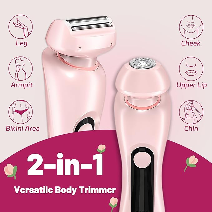 2 in 1 Electric Shaver for Women Wet Dry Dual Use IPX7 Waterproof with LED Display USB Recharge Dock Dry Use Body Hair Trimmer and Facial Hair Remover for Bikini Underarm Leg Arm Face (Pink)