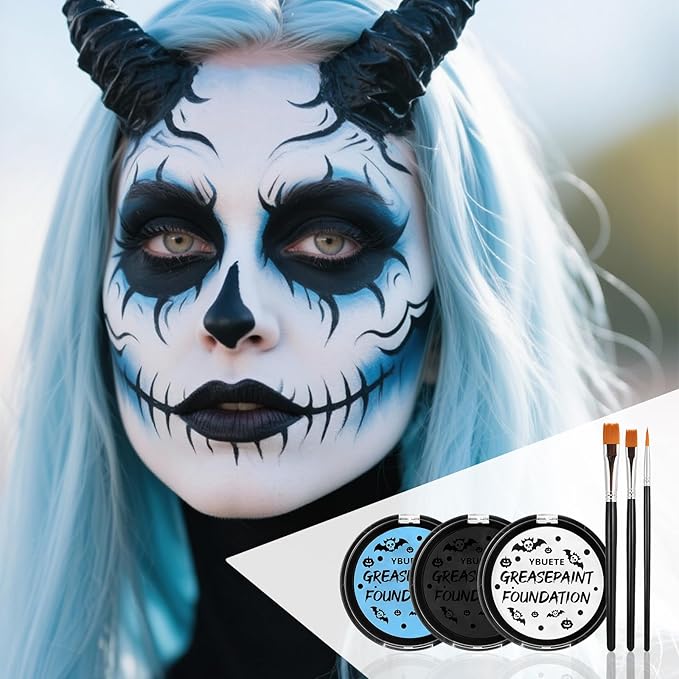 Light Blue Black White Oil Based Face Paint Kit with Painting Brushes, Professional Full Coverage Greasepaint for Adults Halloween Cosplay SFX Sally Corpse Bride Makeup Carnival Theater