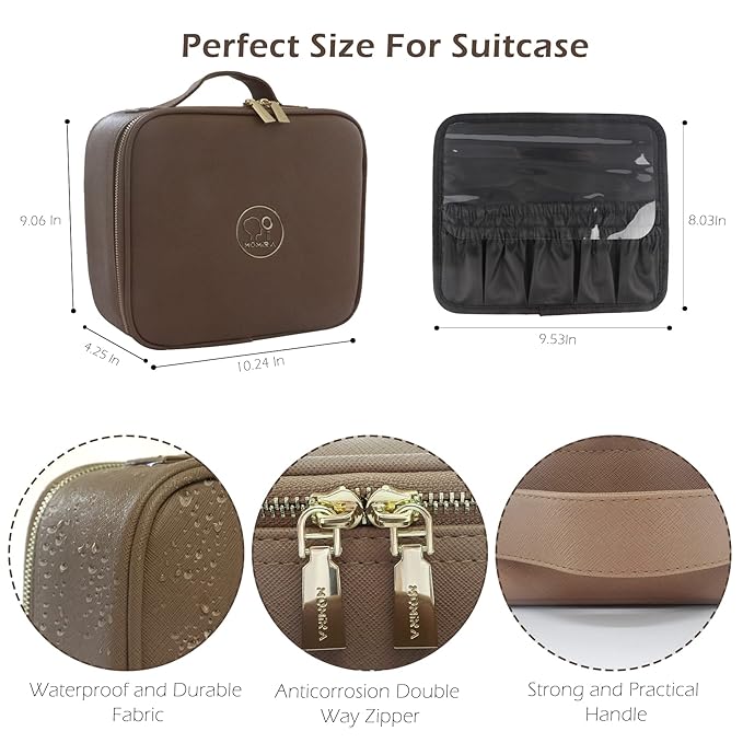 MOMIRA Travel Makeup Bag Cosmetic Bag Makeup Organizer Bag with Lighted Mirror, Adjustable Brightness in 3 Color Scenarios, Waterproof Makeup Train Case, Gift for Women - Brown