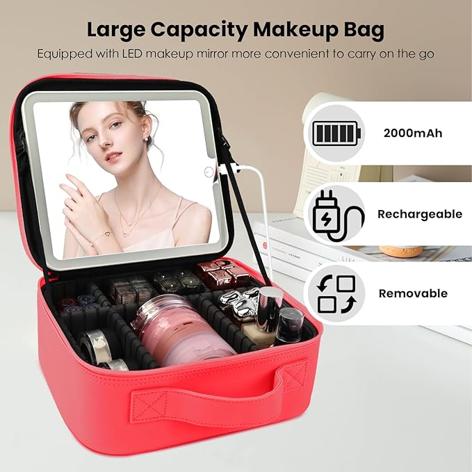 Travel Makeup Bag with LED Mirror and Light Makeup Travel Bag Organizer Portable Cosmetic Brush Organizer Bag with Adjustable Dividers for Cosmetics Makeup Brushes Toiletry (Light Red)