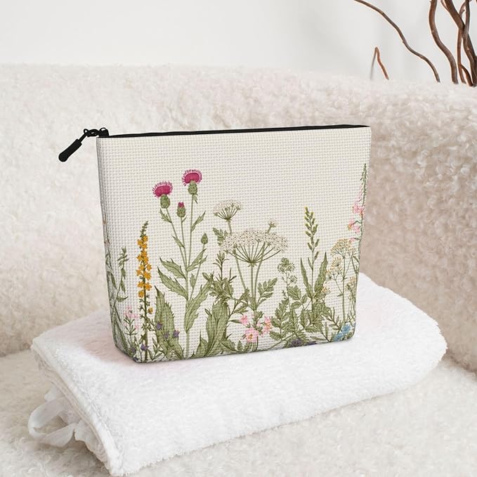 MOLAIGIN Vintage Color Plants Herbs Floral Cosmetic Bag For Women, Travel Makeup Bag, Toiletry Zipper Bag, Large Capacity Aesthetic Cases