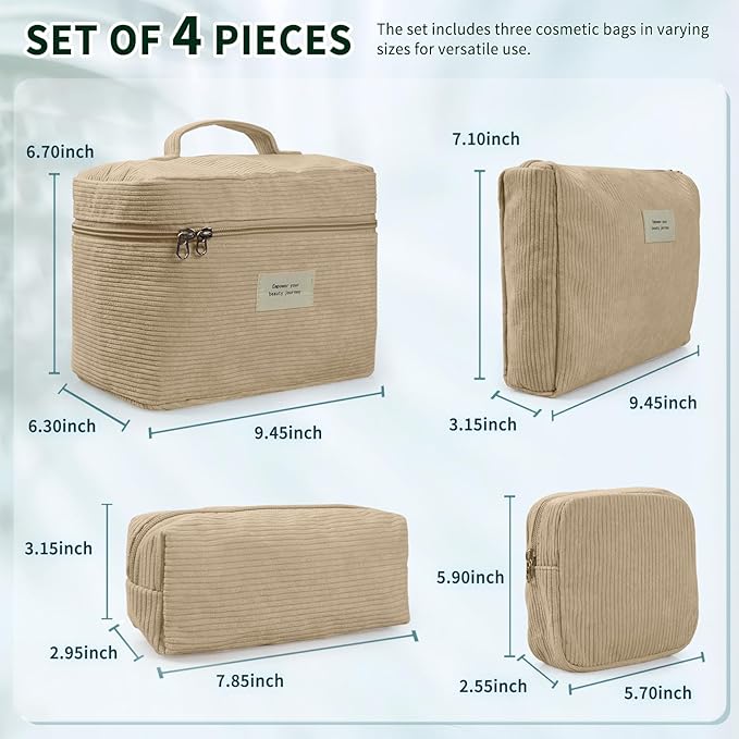 4 Pcs Makeup Bag for Women Corduroy Cosmetic Bag Aesthetic Cute Bags Multi Size Purse Pouch Travel Toiletry Bag Set Makeup Organizer with Zipper (06-Yellow)