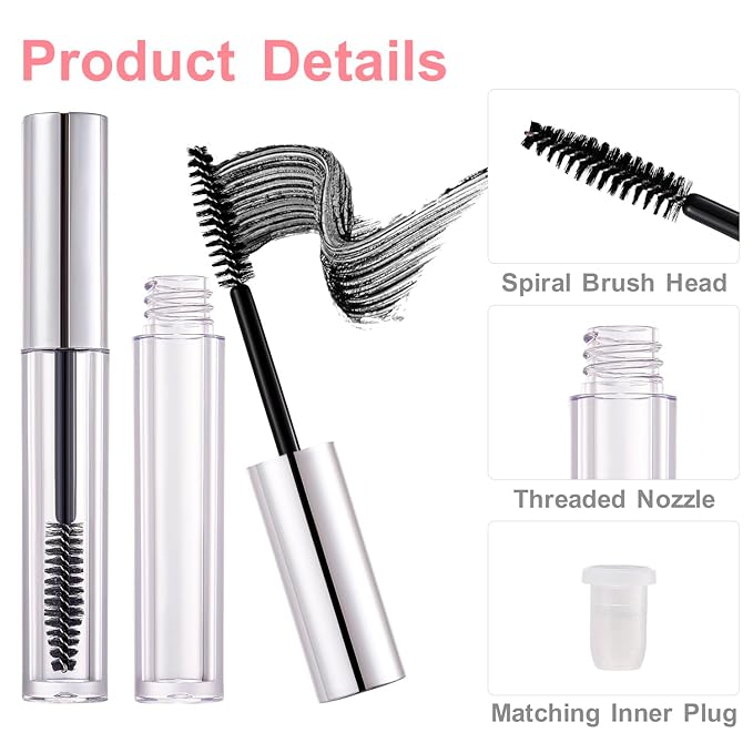 5 Pack Empty Mascara Tube, 2.5ml Transparent Reusable Eyelash Cream Container Bottle DIY Makeup Vials Cosmetic Tool for Castor Oil/Eyelash Growth Oil/Mascara with 5 Rubber Inserts, 1 Funnel