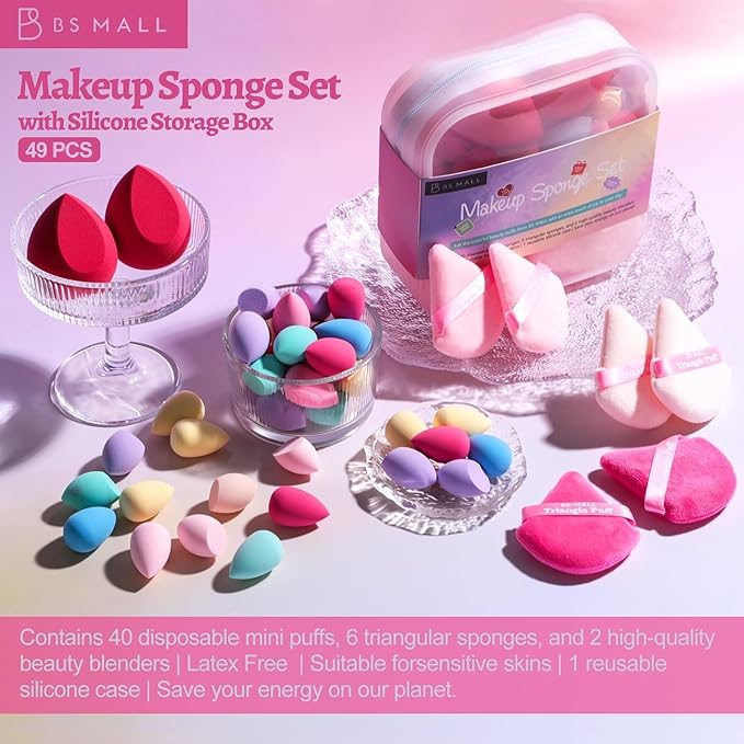 BS-MALL Mini Makeup Sponge Set Professional Triangle Puff 49 Pcs- Pro V3.0 Cloud Technology Material Flawless flow Mini Sponge Set & Triangle Puff With Waterproof Travel Silicone Bag Gift Set