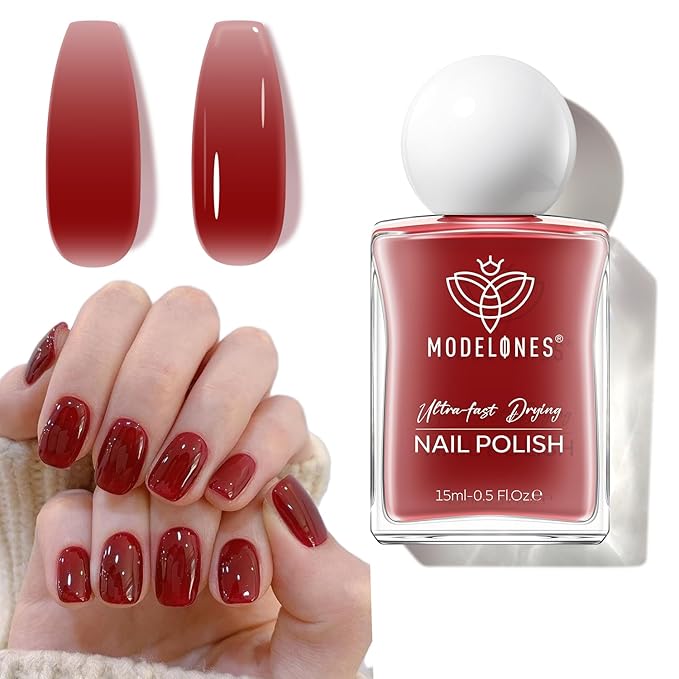 modelones Jelly Red Nail Polish, Sheer Dark Red Clear Translucent Semi-Transparent 15 ml Quick Dry Nail Lacquer Strengthener Long Last Finger Toe Nail Art DIY Manicure Gift for Women Girls 0.5 Fl Oz