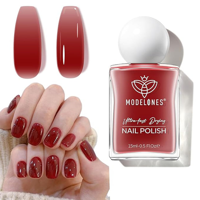 modelones Jelly Red Nail Polish, Valentines Sheer Dark Red Clear Semi-Transparent 15 ml Quick Dry Nail Lacquer Strengthener Long Last Finger Toe Nail Art DIY Manicure Gift for Women Girls