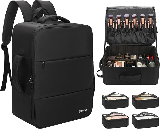 Relavel Makeup Backpack Extra Large Travel Train Case Professional Makeup Artist Kit Set Bag with 4 Clear Bags, Brush Storage Organizer Box with Dividers for Cosmetic Hair Tools Barber Supplies, Black