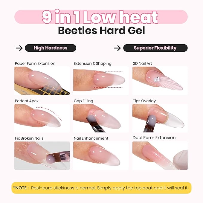Beetles 9 in 1 Low Heat Hard Gel, 1 oz Clear Builder Nail Gel for Sculpting, Extension & Repair
