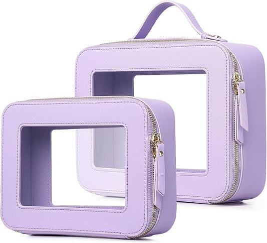 Pinkmik Clear Makeup Bag for Women Waterproof Travel Cosmetics and Toiletries Case Portable Makeup Oaganizer Bag Clear Car Bag with Zipper (X/Purple, M+L)