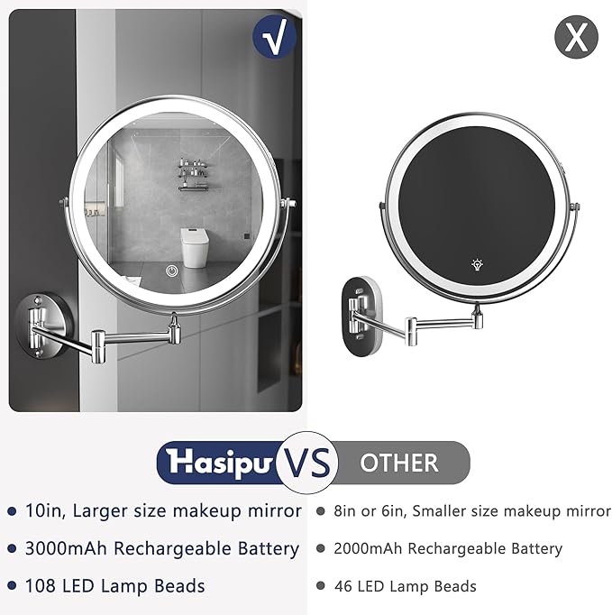 Hasipu 10-Inch Wall Mounted Makeup Mirror with Magnification, Rechargeable 3000 mAh Vanity Mirror with Lights, Bathroom Mirror with Dimmable Brightness, 3 Lighting Modes, Extendable Arm, Chrome
