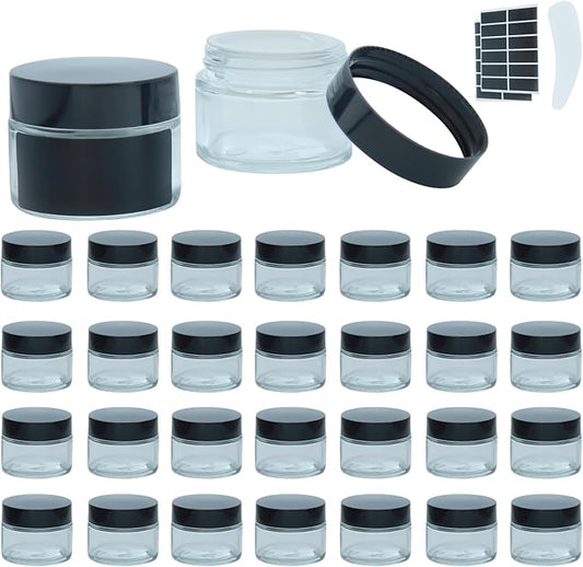 2Oz Small Glass Jars with Lids, 30Pack Lotion Container, Cosmetic Containers, Little Travel Jars for Creams with Mini Spoon, Black Label (Clear)
