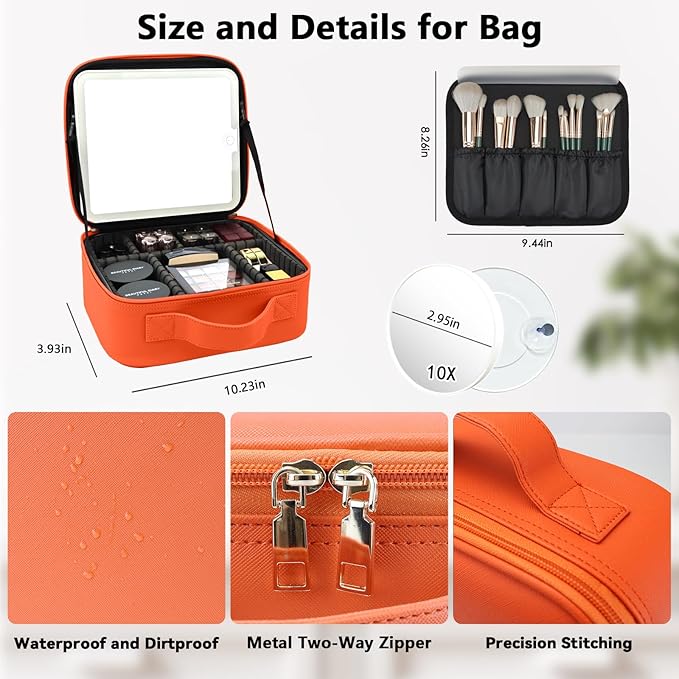 Travel Makeup Bag with LED Mirror and 10x magnifying glass with 3 Lighted Settings, Adjustable Dividers and Makeup Brush Storage Bag Orange