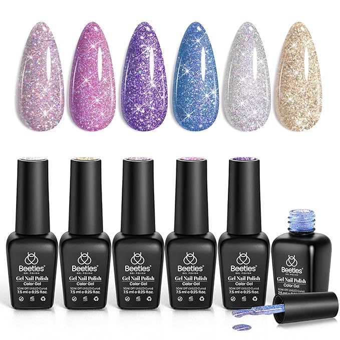 Beetles Reflective Glitter Halloween Gel Nail Polish Kit 6 Colors Holographic Gel Polish Sparkle Flash Dimond Sliver Gold Soak Off UV LED Manicure Gift for Women Girls Midnight Sparkling