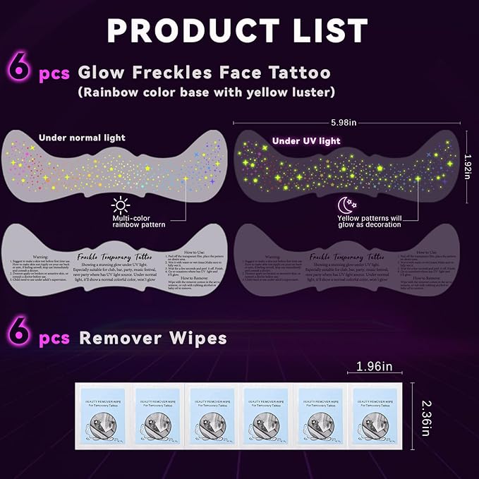 6pcs Rainbow Freckles Face Tattoo Sticker Glow under UV Light Blacklight in the Dark, Neon Fluorescent Glitter Colorful Star Fake Faux Freckle Temporary Patches Makeup for Party Supplies #01