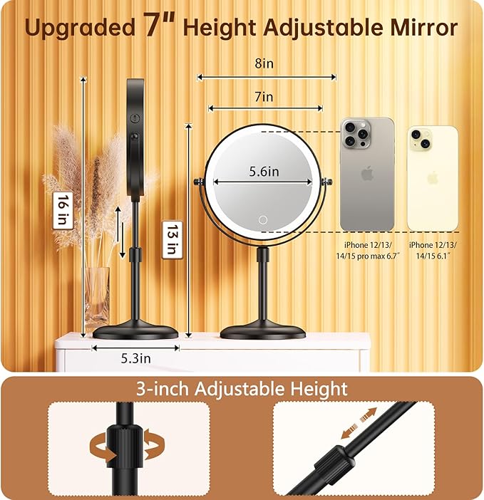 Gospire 7" Lighted Makeup Mirror with Magnification 10X/1X, Height Adjustable & 3 Color Dimmable Lights, 360° Swivel Double Sided Light up Rechargeable LED Cosmetic Vanity Cordless Standing