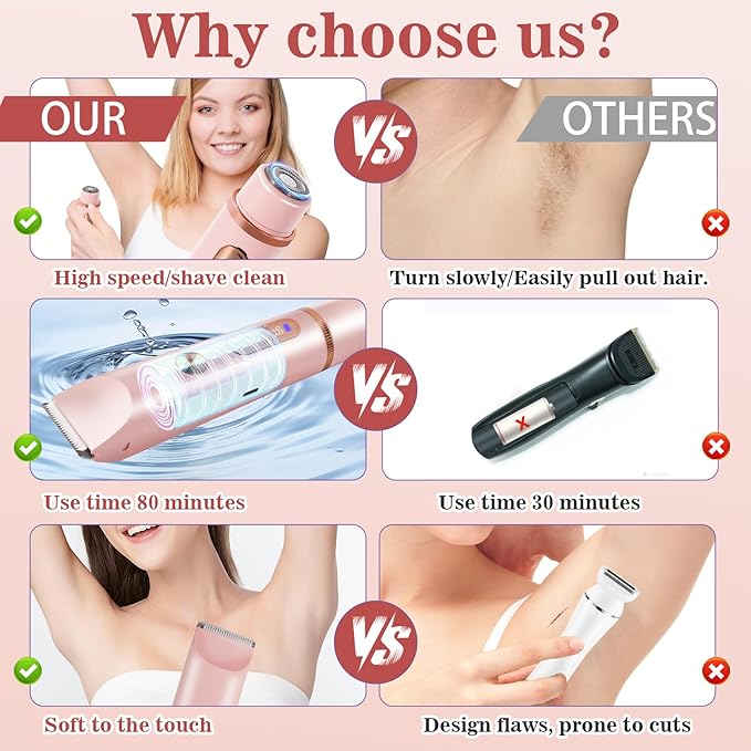 Bikini Trimmer for Women 2in1 High Power Epilators Hair Removal Waterproof Electric Razors Women's Electric Razor Pubic Hair Trimmer Shaver for Women for Ladies Pubic, Face, Underarms, Legs (Pink)