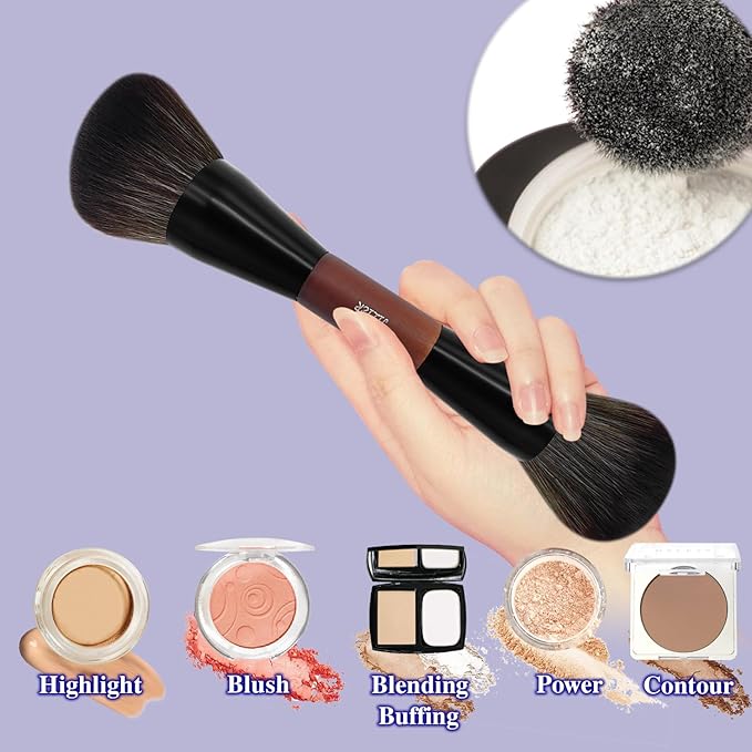 JILIER Double Ended Blush Powder Brush, Duo Bronzer Brush Highlighter, Foundation Contour Brush, for Liquid, Cream, Powder,Blending, Buffing –Premium Bristles, Natural Wood Handle makeup brushes