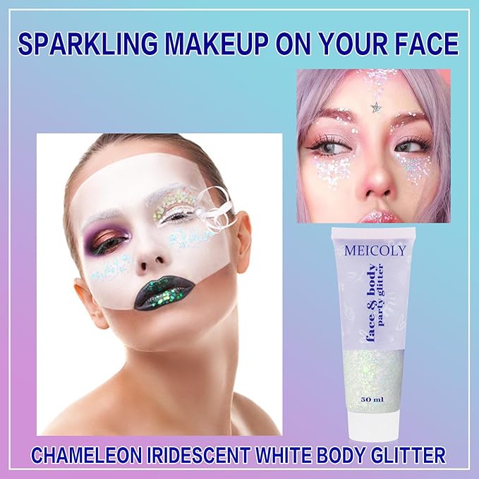 MEICOLY Chameleon Iridescent White Body Glitter,Chunky Face Glitter Paint Ice Themed Aerial Performance,Color Changing Mermaid Face Glitter,Opal Glitter for Face Body Hair,Festival Party Cheer Makeup