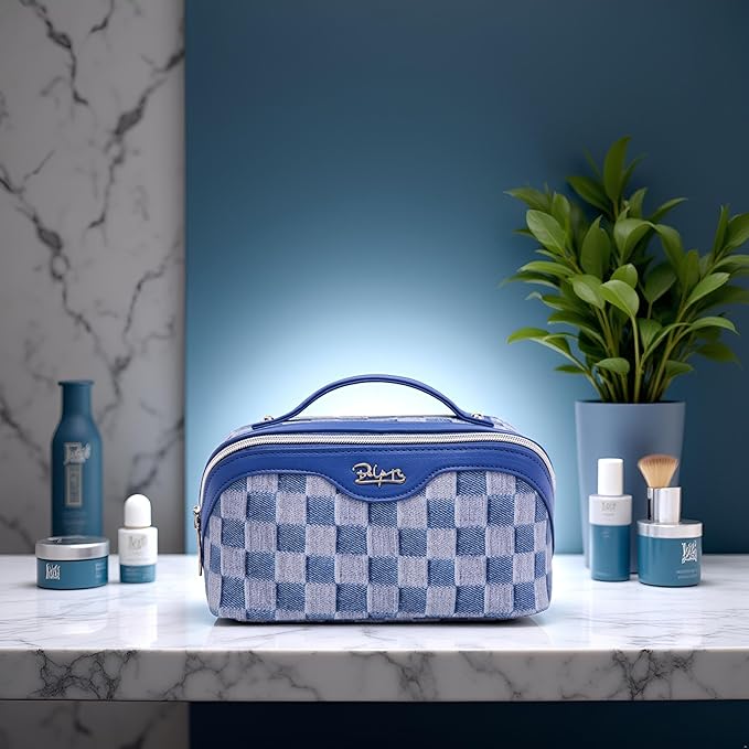 BOYATU Travel Makeup Bag for Women: Large Cosmetic Bag Set of 3 - PU Leather Make up Bag with Compartments - Compact Waterproof Toiletry Bag with Divider & Handle (C-01Blue)