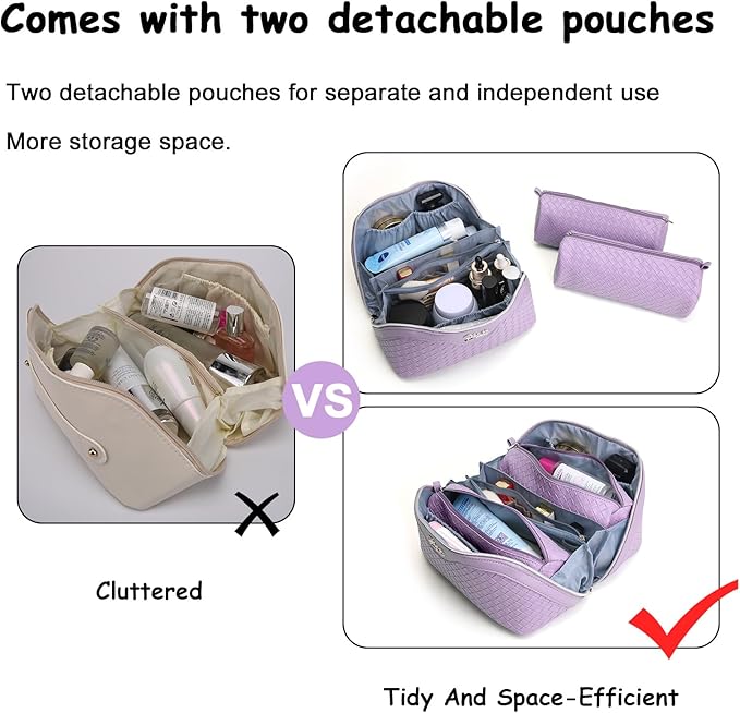 BOYATU Travel Makeup Bags for Women: Vegan Leather Cosmetic Bag Set of 3 - Large Capacity Make up Bag with Divider - Wide Open Waterproof Toiletry Organizer Bag with Handle (L13-Purple)