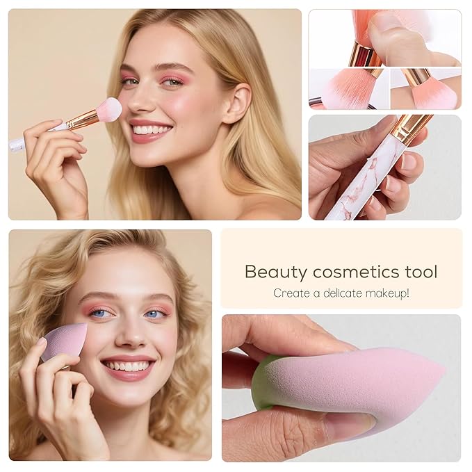 30 Pcs Makeup Brush Set with 12 Pcs Blending Sponge & Mirror - Premium Synthetic Kabuki Foundation Powder Concealer Eyeshadow Blush Brushes Kit - Cosmetic Tools (Pink 30 Pcs Set)