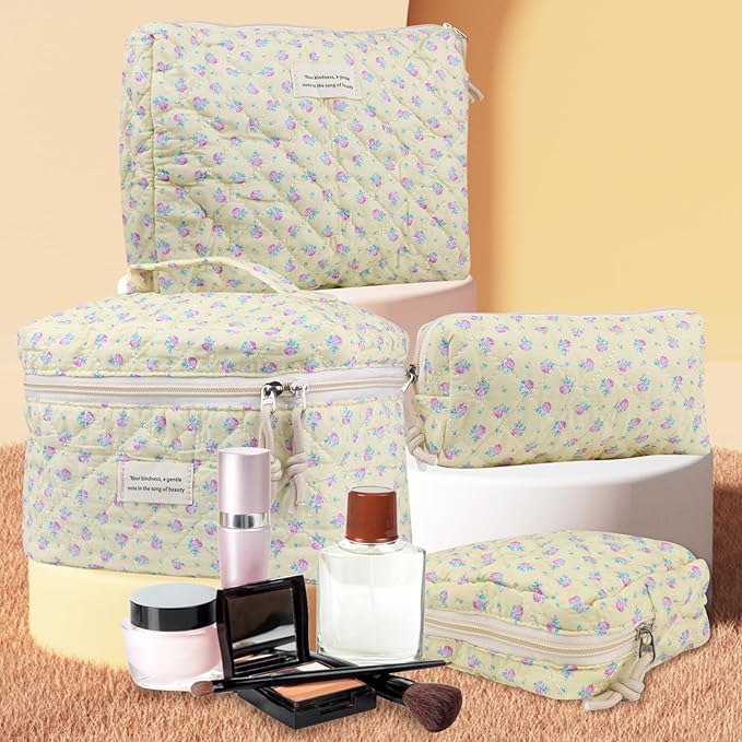 VIWIME Makeup Cosmetic Bag, Large Cotton Quilted Travel Coquette Aesthetic Cute Floral Make up Bag for Women Toiletry Bag Organizer(Purple Rose/4Pcs)