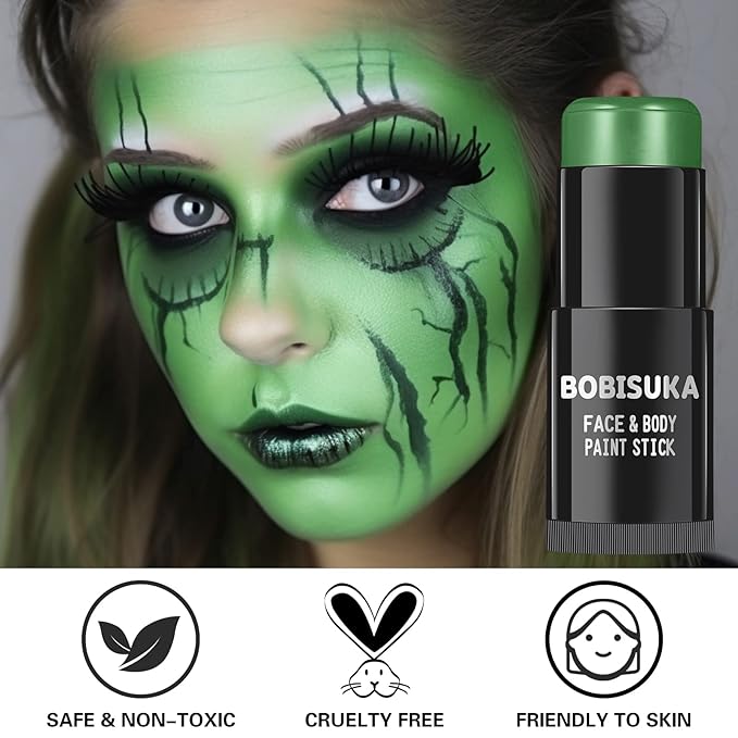BOBISUKA Green Face Paint Stick, Waterproof Dark Green Eye Black Body Paint Sticks for Sports, Painting Kit for Halloween Makeup Zombie Witch Camo Hulk Cosplay Special Effects SFX Costume