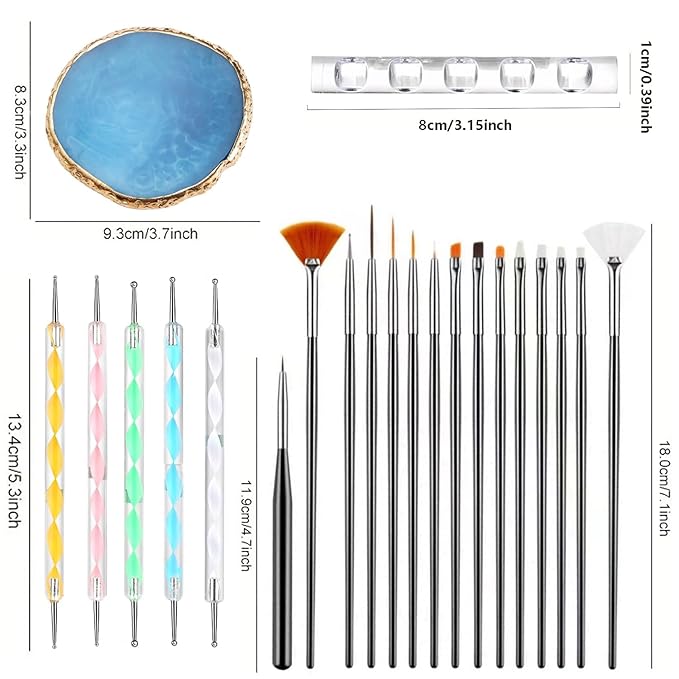 Nail Art Brush 22-Piece Set, 2-Way Acrylic Silicone Engraving Pen Dotting Pen Tools Nail Art Kit, Resin Nail Art Palette, For Nail Art DIY Home Salon Makeup Display Board (Blue)