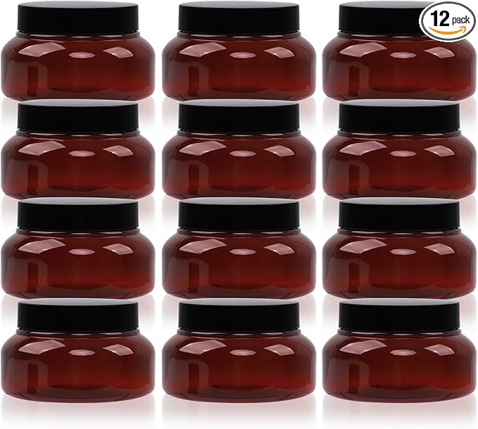 Amber Plastic Jars with Lids, 12 Pack Brown Body Scrub Jars Empty Refillable Containers Round Low Profile Samples Jars for Lotion, Body Butter, Sugar Scrub, Cream (7 OZ)