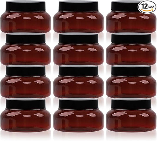 Amber Plastic Jars with Lids, 12 Pack Brown Body Scrub Jars Empty Refillable Containers Round Low Profile Samples Jars for Lotion, Body Butter, Sugar Scrub, Cream (7 OZ)