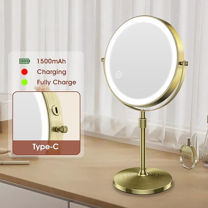 MILPROX 8 Inch Makeup Mirror with 10X Magnification & 3 Color Lights, Adjustable Brightness & Height, Rechargeable Double Sided 1X 10X Magnifying Mirror, Lighted Makeup Mirror Touch Sensor - Gold