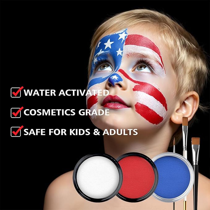 Water-Based Red White Blue Patriotic Face Body Paint Kit with Brushes for 4th of July, Halloween Cosplay and Sports Events