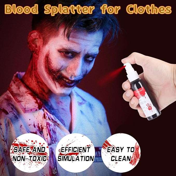 4PCS Fake Blood Makeup Kit, Washable Fake Blood Spray 2.1oz, Dripping Blood 2.1oz, Coagulated Blood 1.06oz and One Stipple Sponge, Halloween SFX Makeup for Zombie,Vampire and Monster Cosplay