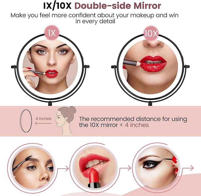 8" Vanity Mirror with Lights Rechargeable, 1X/10X Magnifying Makeup Mirror with Touch Screen, 54 LED Adjustable Brightness, 3 Color Modes, 360° Rotation for Tabletop & Bedroom