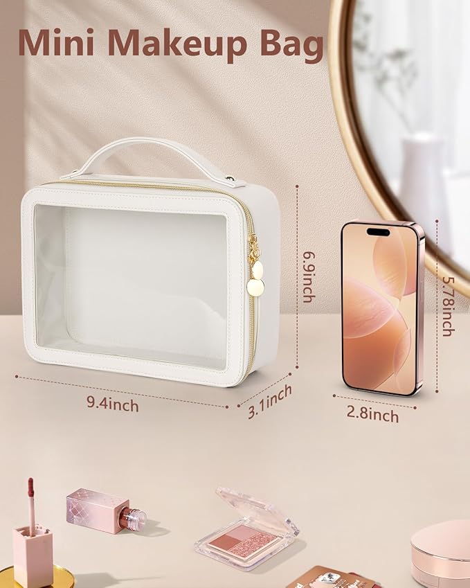 Clear Makeup Bag, Portable Travel Cosmetic Bags, Multipurpose Leather Toiletry Bag with Zipper, Waterproof Transparent Cosmetic Organizer for Women, Large, Beige