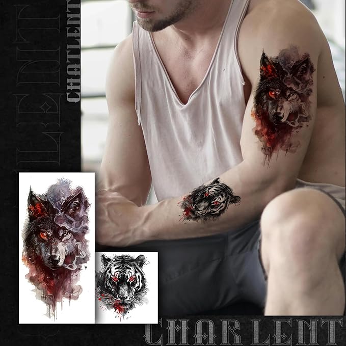 25 Sheets Beast Temporary Tattoos for Men Adult - 12 Sheets Sleeve Arm Watercolor Lion Wolf Fake Tattoos,13 Sheets Tiger Eagle Tattoos For Men